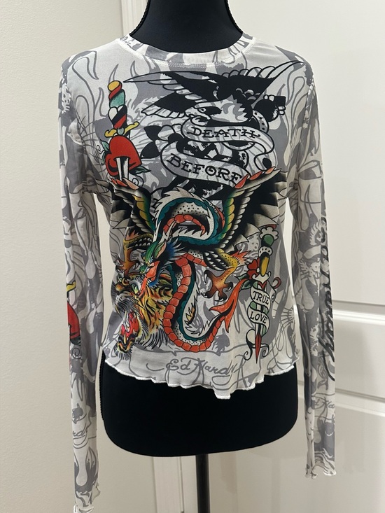 Ed Hardy Tops - Ed Hardy Dragon Dagger White Mesh Long Sleeve Crop Top. Size L